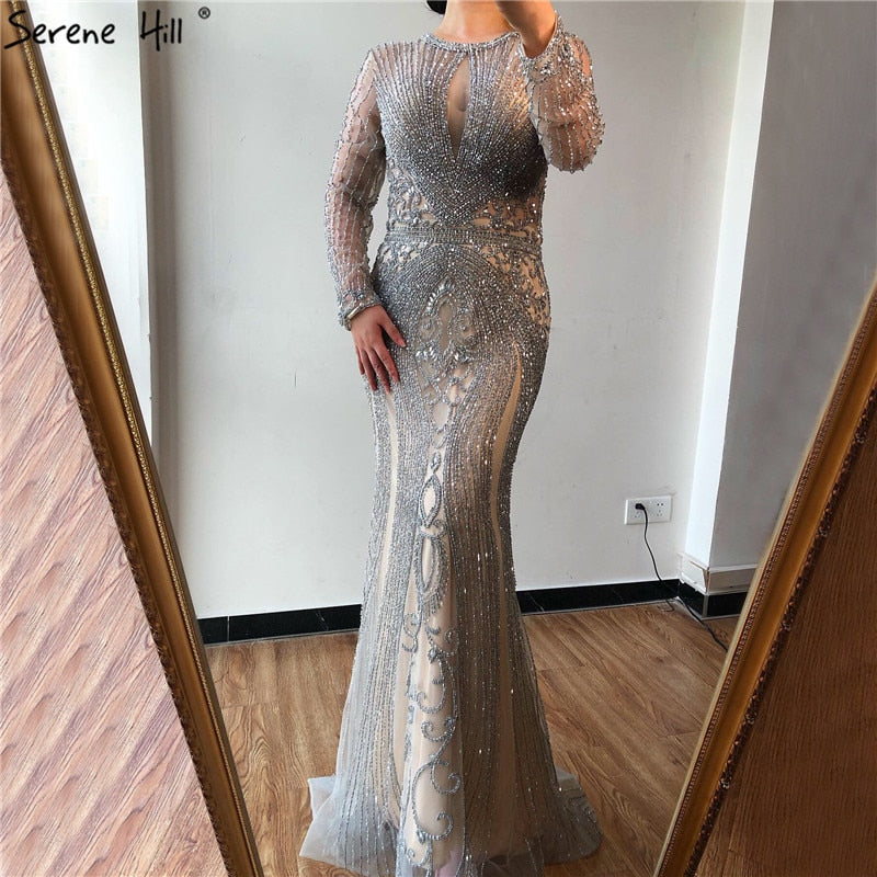 Dubai Long Sleeves Grey Luxury Evening Dresses O-Neck Full Diamond Mermaid Formal Dress 2025 Plus Size LA70116
