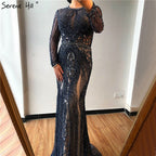 Dubai Long Sleeves Grey Luxury Evening Dresses O-Neck Full Diamond Mermaid Formal Dress 2025 Plus Size LA70116