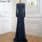 Dubai Long Sleeves Grey Luxury Evening Dresses O-Neck Full Diamond Mermaid Formal Dress 2025 Plus Size LA70116