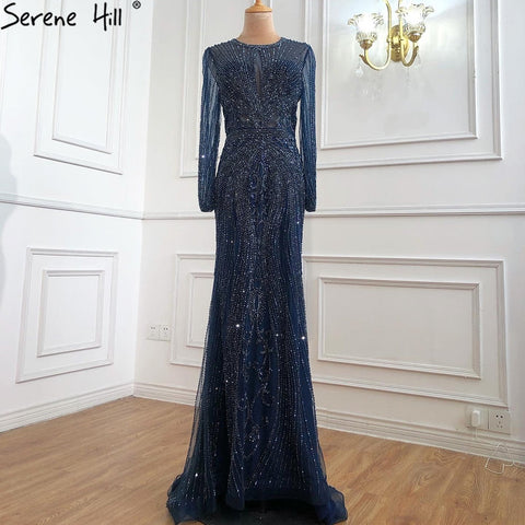 Vestido de noche gris de lujo de manga larga en Dubái, con escote redondo, corte sirena y detalles de diamantes, talla grande 2025 LA70116 