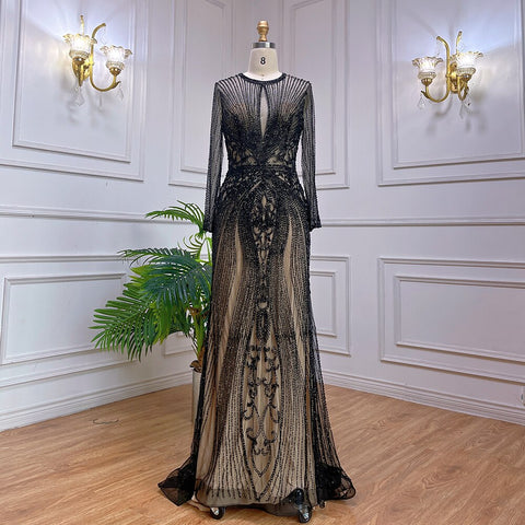 Vestido de noche gris de lujo de manga larga en Dubái, con escote redondo, corte sirena y detalles de diamantes, talla grande 2025 LA70116 