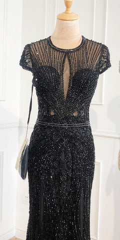 Vestido de noche gris de lujo de manga larga en Dubái, con escote redondo, corte sirena y detalles de diamantes, talla grande 2025 LA70116 