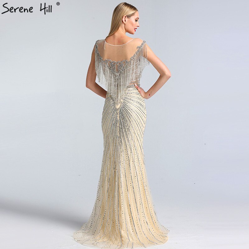 Dubai Luxury Beading Tassel Evening Dresses 2025 Latest Design Silver Mermaid Evening Gowns LA60847