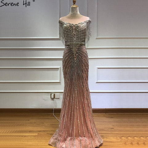Dubai Luxury Beading Tassel Evening Dresses 2025 Latest Design Silver Mermaid Evening Gowns LA60847