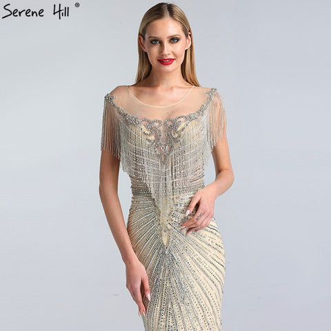 Dubai Luxury Beading Tassel Evening Dresses 2025 Latest Design Silver Mermaid Evening Gowns LA60847