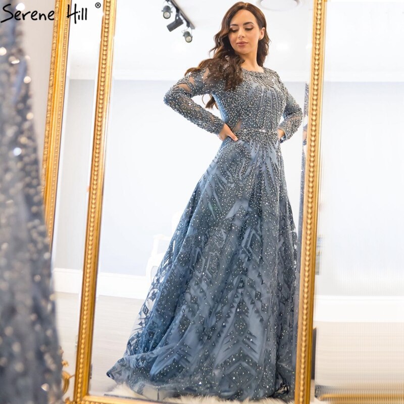 dubai Luxury Designer Navy Blue Lace Beaded  A line Muslim  Long Evening Dresses 2025 Formal Dress Plus Size LA60900