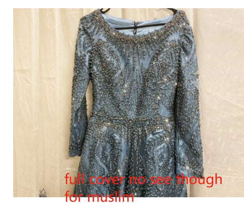 dubai Luxury Designer Navy Blue Lace Beaded  A line Muslim  Long Evening Dresses 2025 Formal Dress Plus Size LA60900