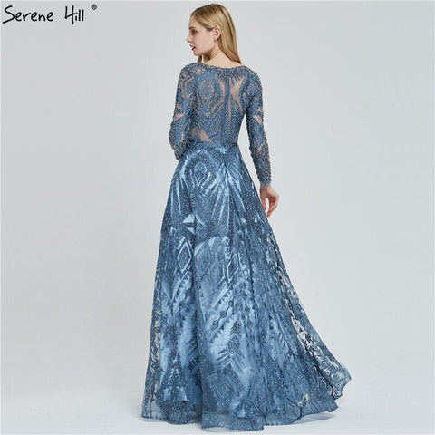 dubai Luxury Designer Navy Blue Lace Beaded  A line Muslim  Long Evening Dresses 2025 Formal Dress Plus Size LA60900