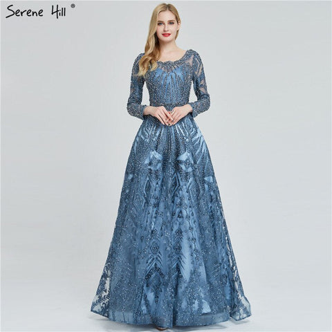 dubai Luxury Designer Navy Blue Lace Beaded  A line Muslim  Long Evening Dresses 2025 Formal Dress Plus Size LA60900