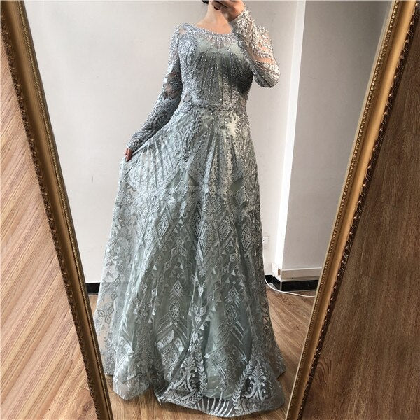 dubai Luxury Designer Navy Blue Lace Beaded  A line Muslim  Long Evening Dresses 2025 Formal Dress Plus Size LA60900