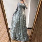 dubai Luxury Designer Navy Blue Lace Beaded  A line Muslim  Long Evening Dresses 2025 Formal Dress Plus Size LA60900
