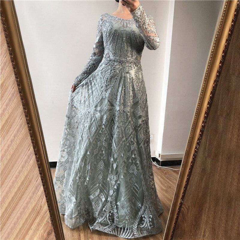 dubai Luxury Designer Navy Blue Lace Beaded  A line Muslim  Long Evening Dresses 2025 Formal Dress Plus Size LA60900