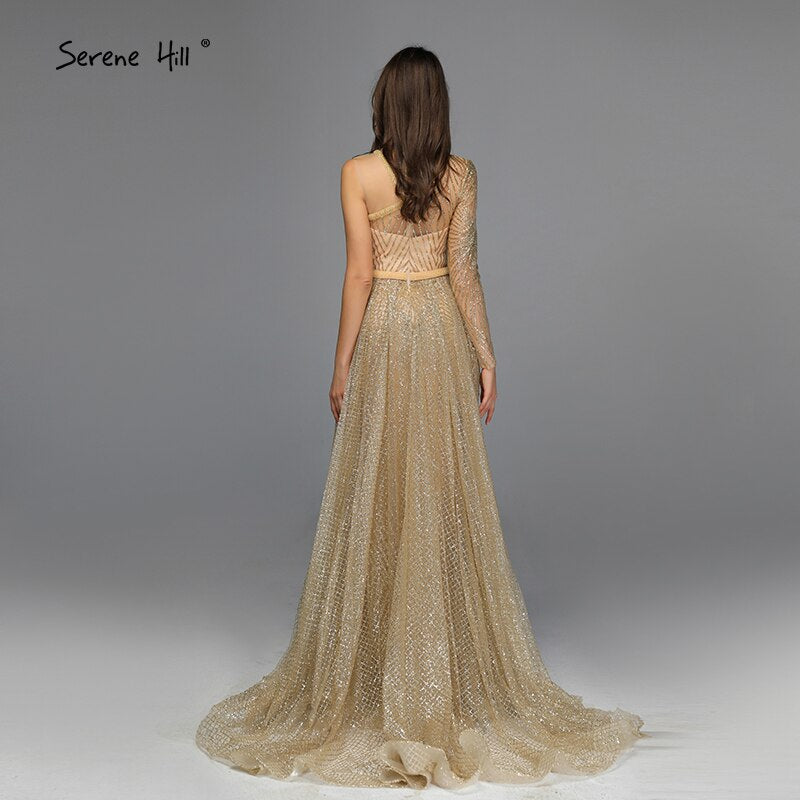 On Sale no return no refundSale Dubai Luxury Gold One Shoulder Evening Dresses 2025 Mermaid Sexy Glitter Evening Gowns Design LA70044
