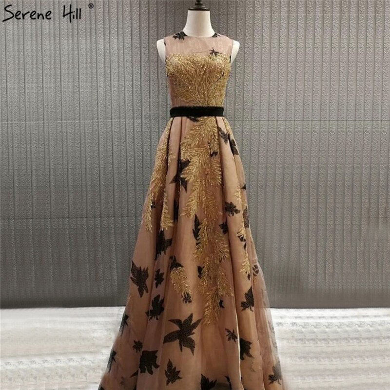 On Sale no return no refundSale Dubai Luxury Gold Sequined A-Line Evening Dresses O-Neck Sleeveless Sexy Formal Dress 2025 LA70001