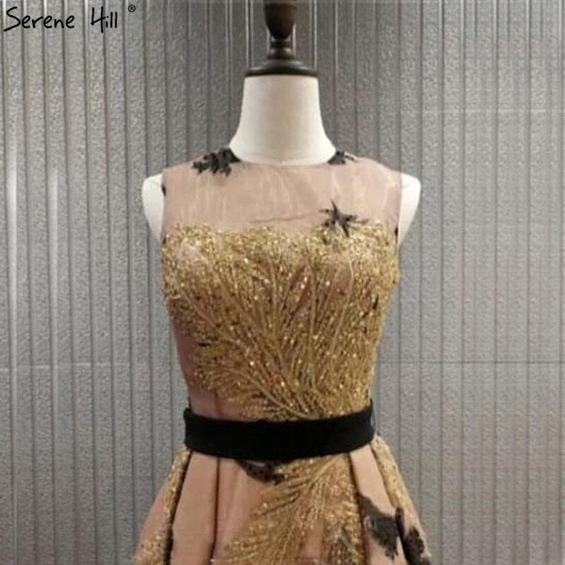 On Sale no return no refundSale Dubai Luxury Gold Sequined A-Line Evening Dresses O-Neck Sleeveless Sexy Formal Dress 2025 LA70001