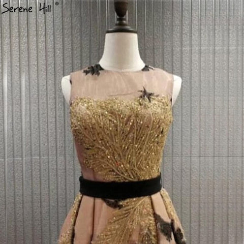 En oferta, sin devoluciones ni reembolsos. Vestidos de noche de lujo en Dubái, corte en A, con lentejuelas doradas, cuello redondo y sin mangas. Vestido formal sexy 2025 LA70001 