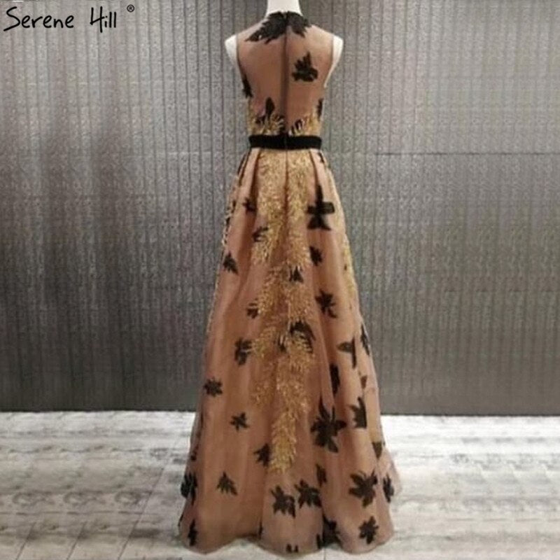 On Sale no return no refundSale Dubai Luxury Gold Sequined A-Line Evening Dresses O-Neck Sleeveless Sexy Formal Dress 2025 LA70001
