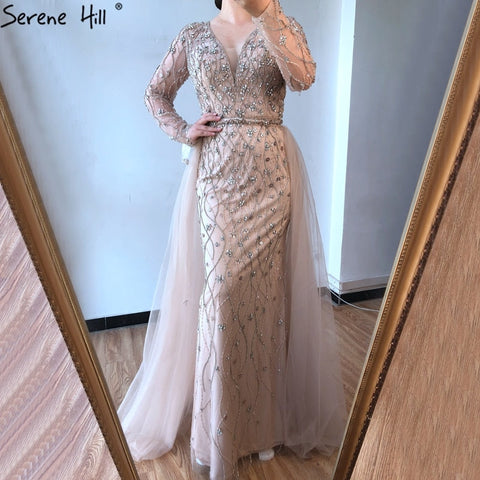 Dubai Luxury Grey With DetachableTrain Evening Dresses 2025 Long Diamond Mermaid Beading Formal Dress LA70341