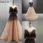 On Sale no return no refundSale Dubai Luxury Half Sleeves A-Line Evening Dresses Black Backless Tulle Sexy Evening Gowns 2025 LA60808