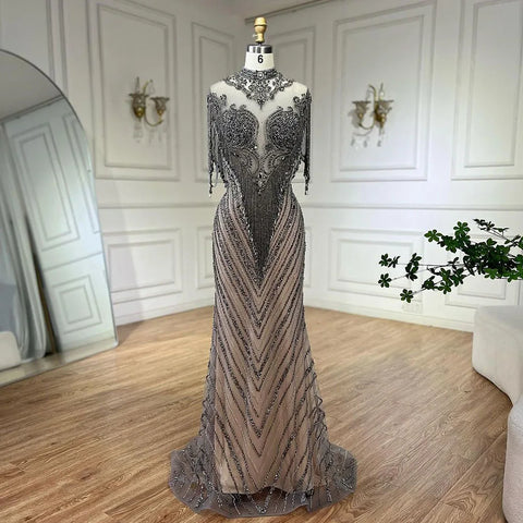Dubai Luxury High-end  Evening Dresses 2025 Champagne Grey Beaded Tassel Formal LA60811