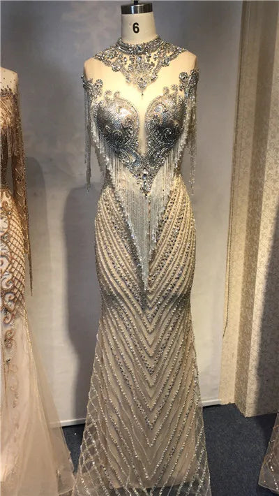 Dubai Luxury High-end  Evening Dresses 2025 Champagne Grey Beaded Tassel Formal LA60811