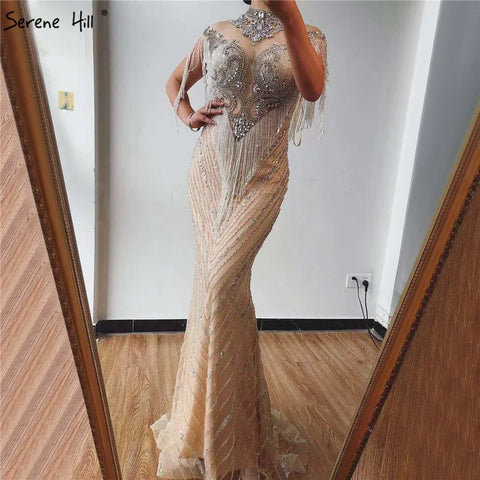 Dubai Luxury High-end  Evening Dresses 2025 Champagne Grey Beaded Tassel Formal LA60811