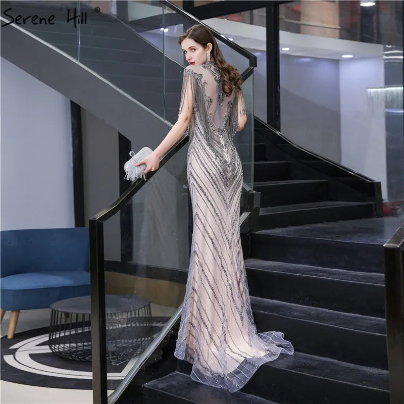 Dubai Luxury High-end  Evening Dresses 2025 Champagne Grey Beaded Tassel Formal LA60811