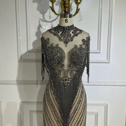 Dubai Luxury High-end  Evening Dresses 2025 Champagne Grey Beaded Tassel Formal LA60811