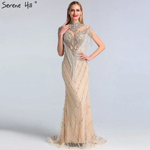 Dubai Luxury High-end  Evening Dresses 2025 Champagne Grey Beaded Tassel Formal LA60811