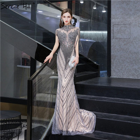 Dubai Luxury High-end Sexy Evening Dresses 2025 Champagne Grey Beading Tassel Formal Dress LA60811