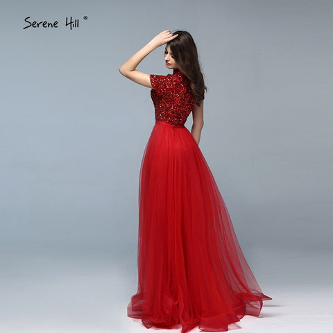 Robe de soirée rouge de luxe à manches courtes et cristaux, en solde, sans retour ni remboursement, modèle Dubaï, LA60793, 2025 