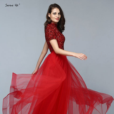 Robe de soirée rouge de luxe à manches courtes et cristaux, en solde, sans retour ni remboursement, modèle Dubaï, LA60793, 2025 