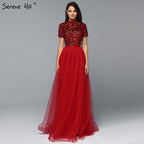 On Sale No Return No Refund Dubai Luxury Latest Design Red Evening Dresses 2025 Crystal Short Sleeves Evening Gowns LA60793