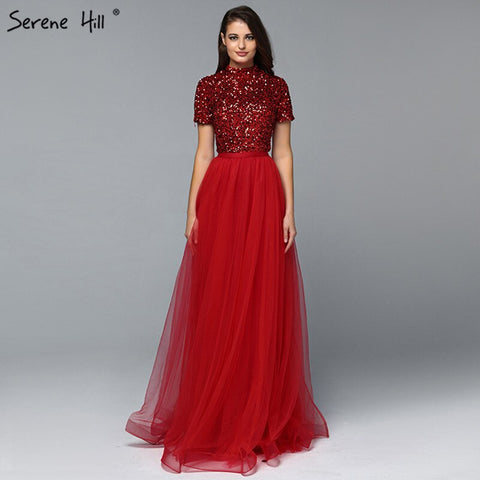 Robe de soirée rouge de luxe à manches courtes et cristaux, en solde, sans retour ni remboursement, modèle Dubaï, LA60793, 2025 