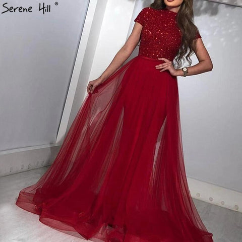 Robe de soirée rouge de luxe à manches courtes et cristaux, en solde, sans retour ni remboursement, modèle Dubaï, LA60793, 2025 