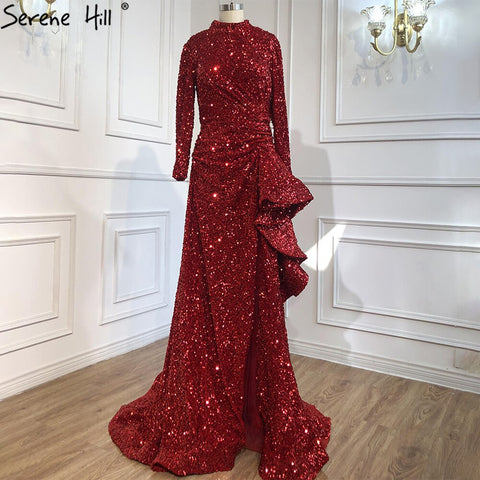 Dubai Luxury One Shoulder Red Evening Dresses 2025 Sequined Sparkle Mermaid Sexy Fromal Dress HM67056