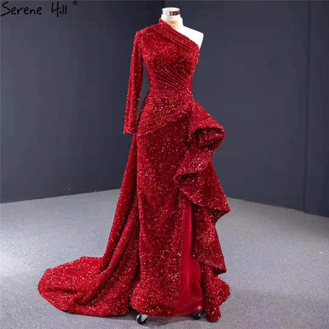 Dubai Luxury One Shoulder Red Evening Dresses 2025 Sequined Sparkle Mermaid Sexy Fromal Dress HM67056