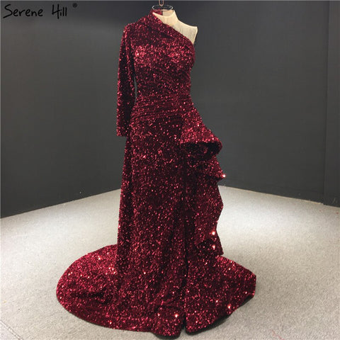 Dubai Luxury One Shoulder Red Evening Dresses 2025 Sequined Sparkle Mermaid Sexy Fromal Dress HM67056