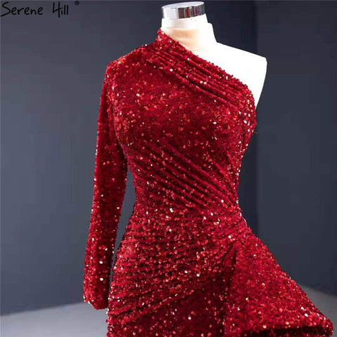 Dubai Luxury One Shoulder Red Evening Dresses 2025 Sequined Sparkle Mermaid Sexy Fromal Dress HM67056