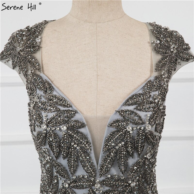 Dubai Luxury V-Neck Silver Sexy Evening Dresses 2025 Long Sleeves Beading Tassel Formal Dress LA70061