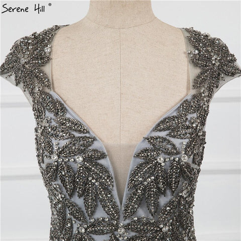 Vestido de noche plateado de lujo con escote en V, sexy, de Dubai, 2025, manga larga, con cuentas y borlas, modelo LA70061 