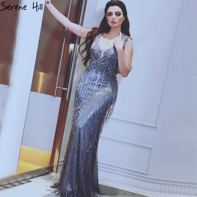 Dubai Luxury V-Neck Silver Sexy Evening Dresses 2025 Long Sleeves Beading Tassel Formal Dress LA70061