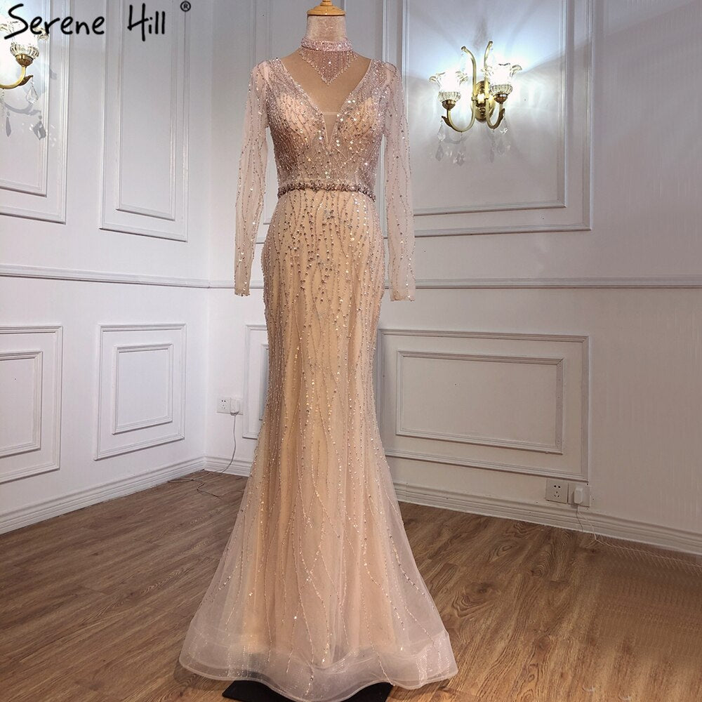 Dubai Mermaid Pink Beading Sequins Evening Dresses V-Neck Long Sleeves Luxury Formal Dress 2025 LA70526