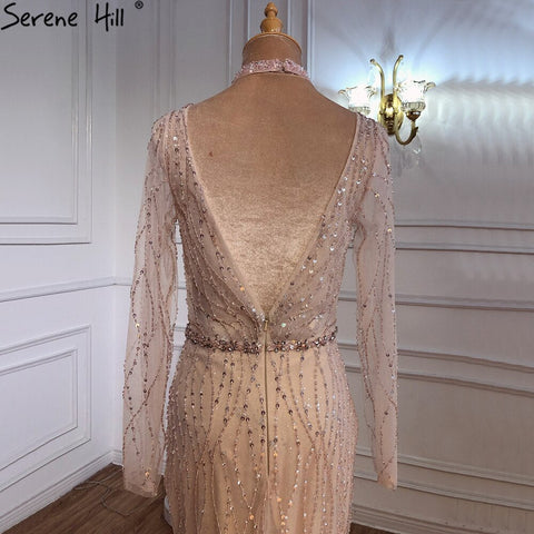 Dubai Mermaid Pink Beading Sequins Evening Dresses V-Neck Long Sleeves Luxury Formal Dress 2025 LA70526