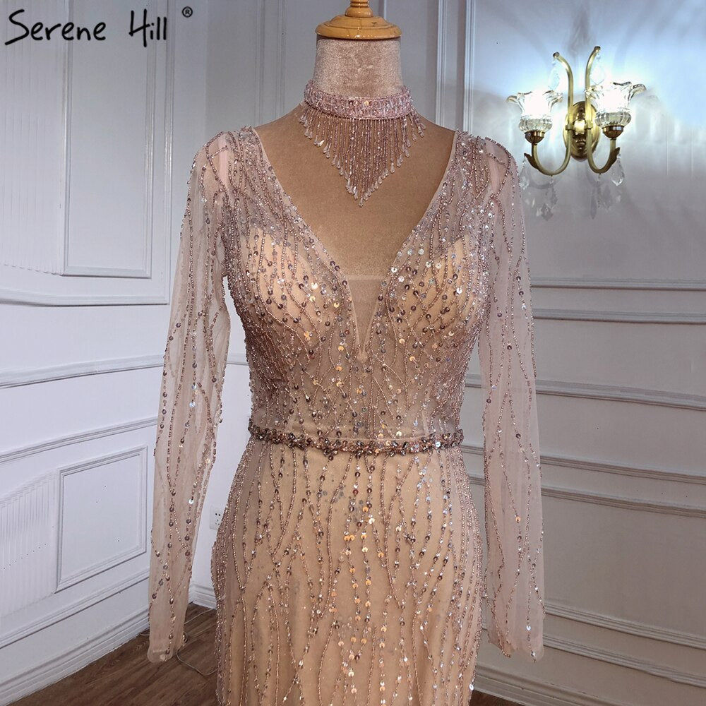 Dubai Mermaid Pink Beading Sequins Evening Dresses V-Neck Long Sleeves Luxury Formal Dress 2025 LA70526