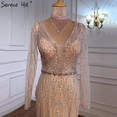 Dubai Mermaid Pink Beading Sequins Evening Dresses V-Neck Long Sleeves Luxury Formal Dress 2025 LA70526