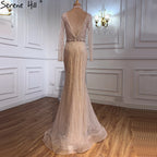 Dubai Mermaid Pink Beading Sequins Evening Dresses V-Neck Long Sleeves Luxury Formal Dress 2025 LA70526