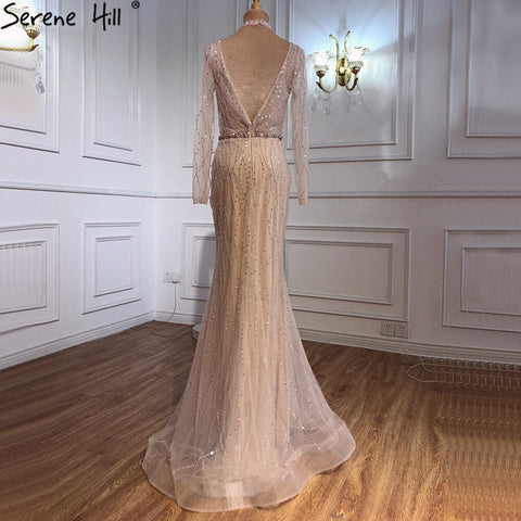 Dubai Mermaid Pink Beading Sequins Evening Dresses V-Neck Long Sleeves Luxury Formal Dress 2025 LA70526