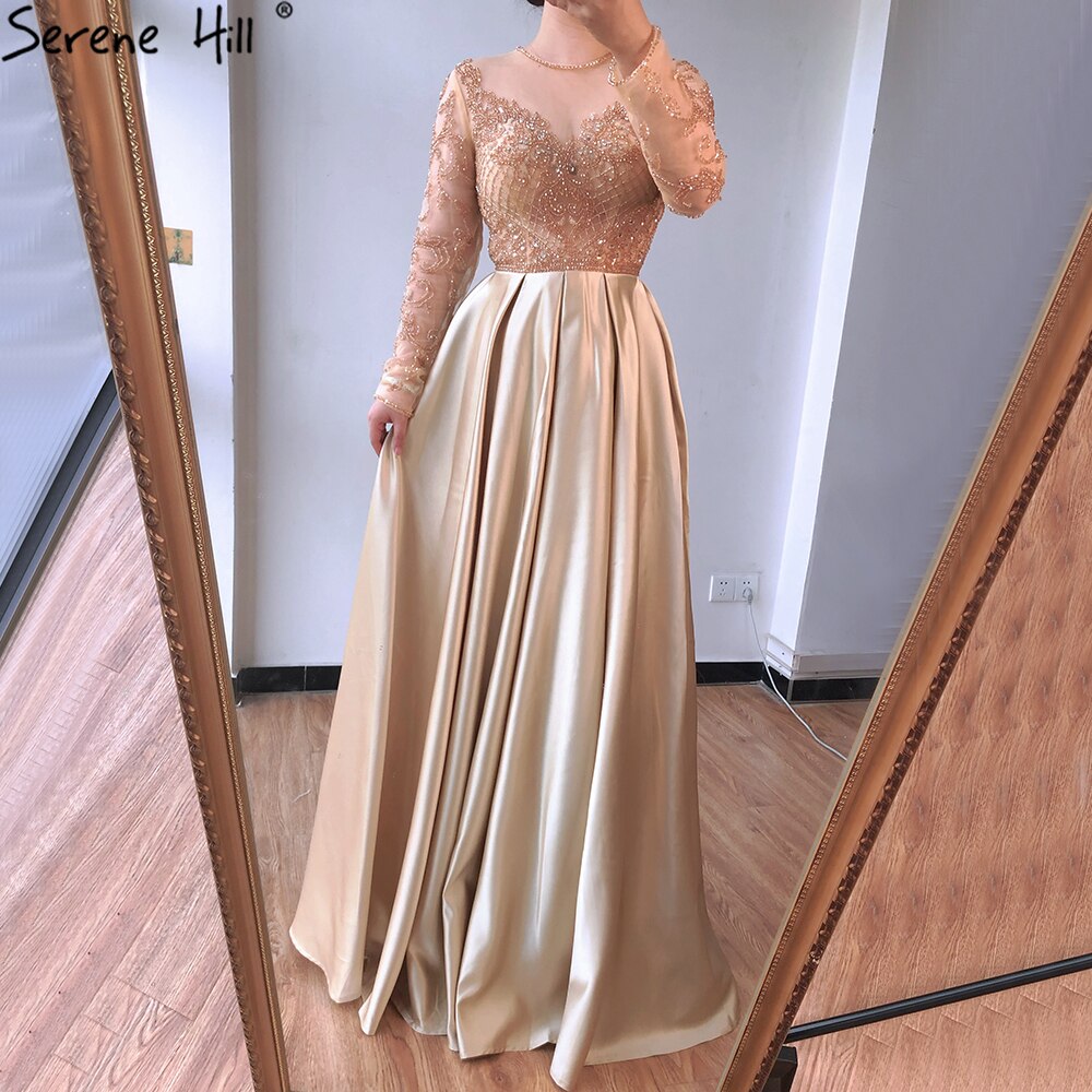 Dubai Mulim Gold A-line Long Satin  Crystal Beading Evening Dresses 2025 Gowns For Woman  Formal Dress LA70550