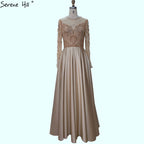 Dubai Mulim Gold A-line Long Satin  Crystal Beading Evening Dresses 2025 Gowns For Woman  Formal Dress LA70550